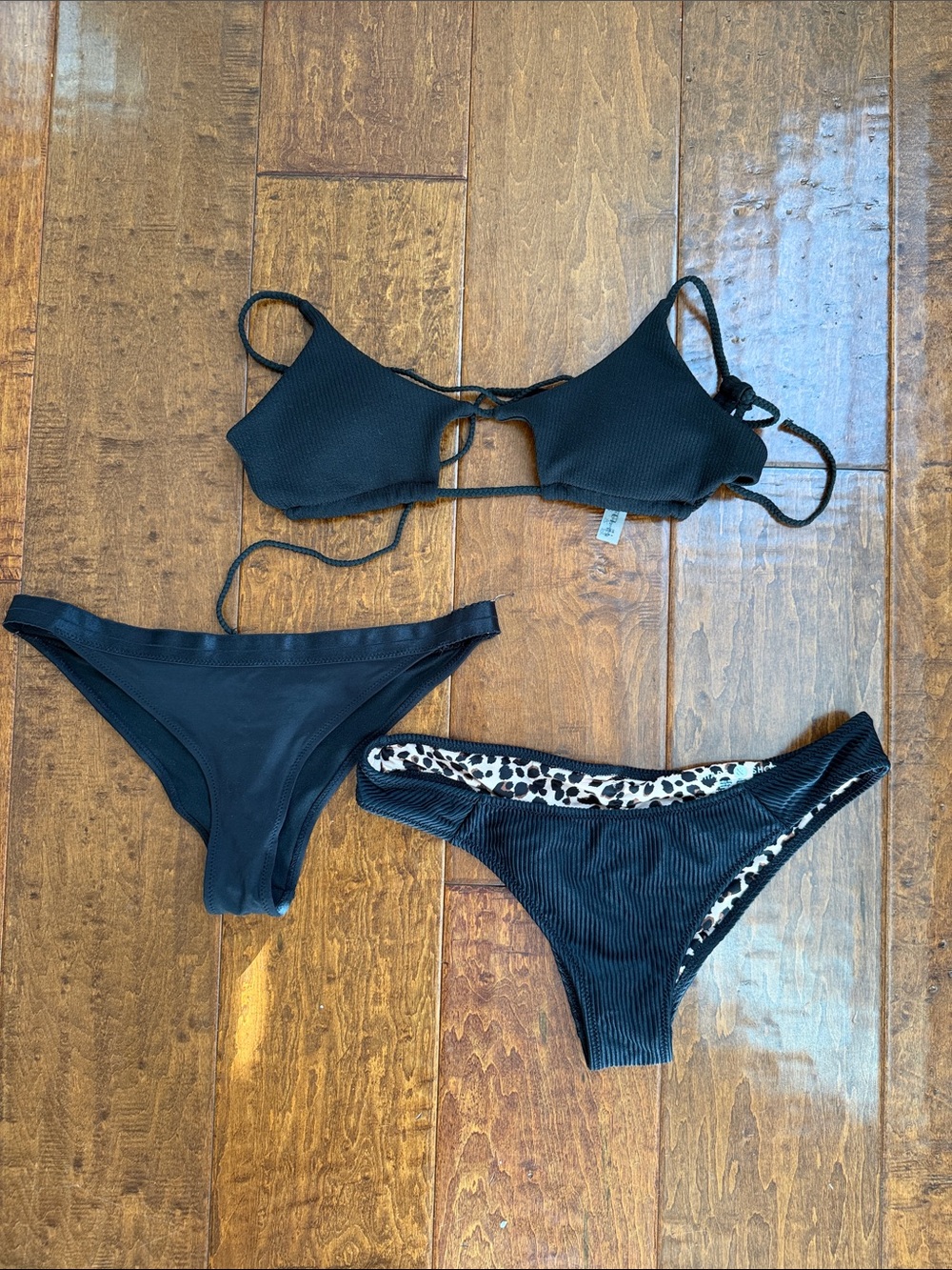 Women's Black Ribbed Bikini Top and Reversible Leopard-Trim Bottoms